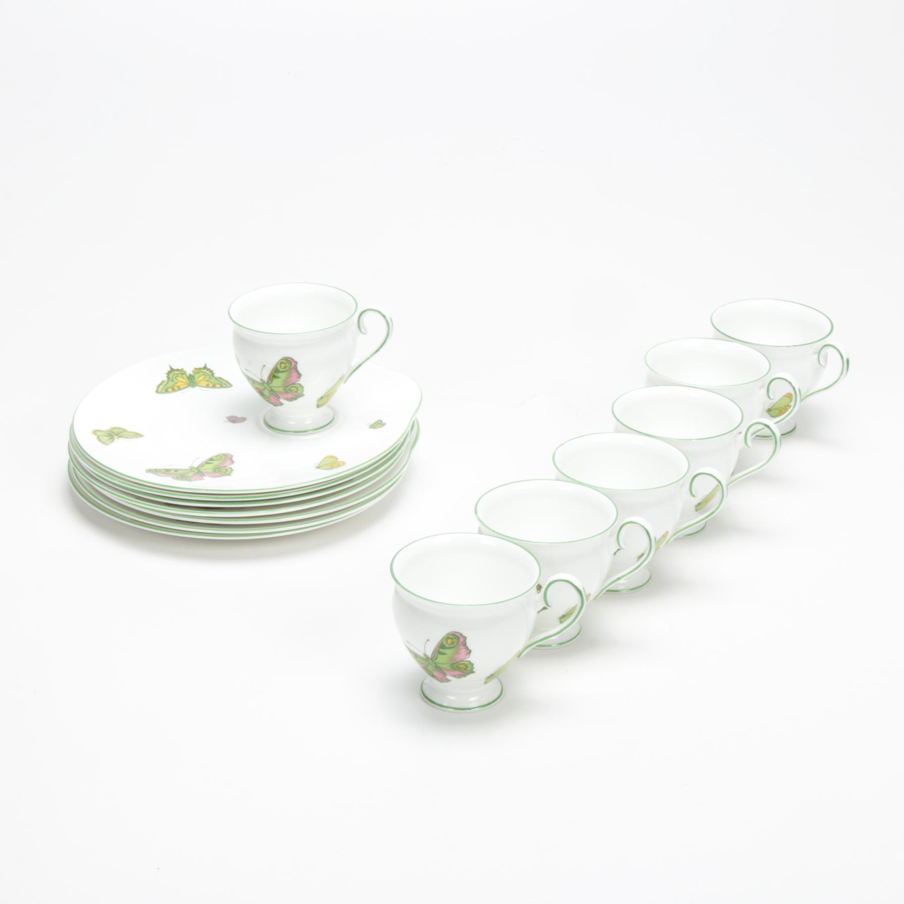 Crown Staffordshire "Butterfly" Fine Bone China Teacups and Dessert Plates