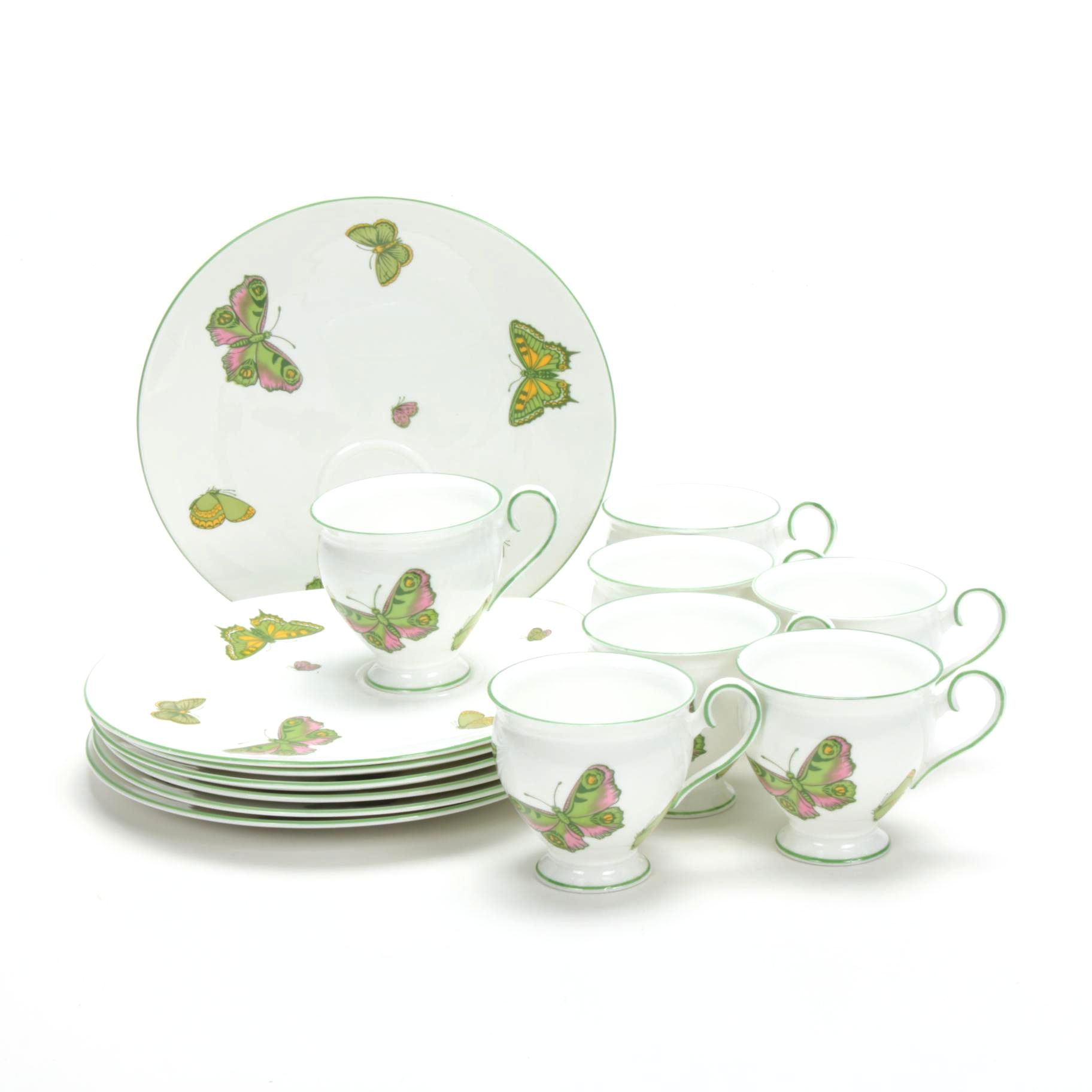Crown Staffordshire "Butterfly" Fine Bone China Teacups and Dessert Plates
