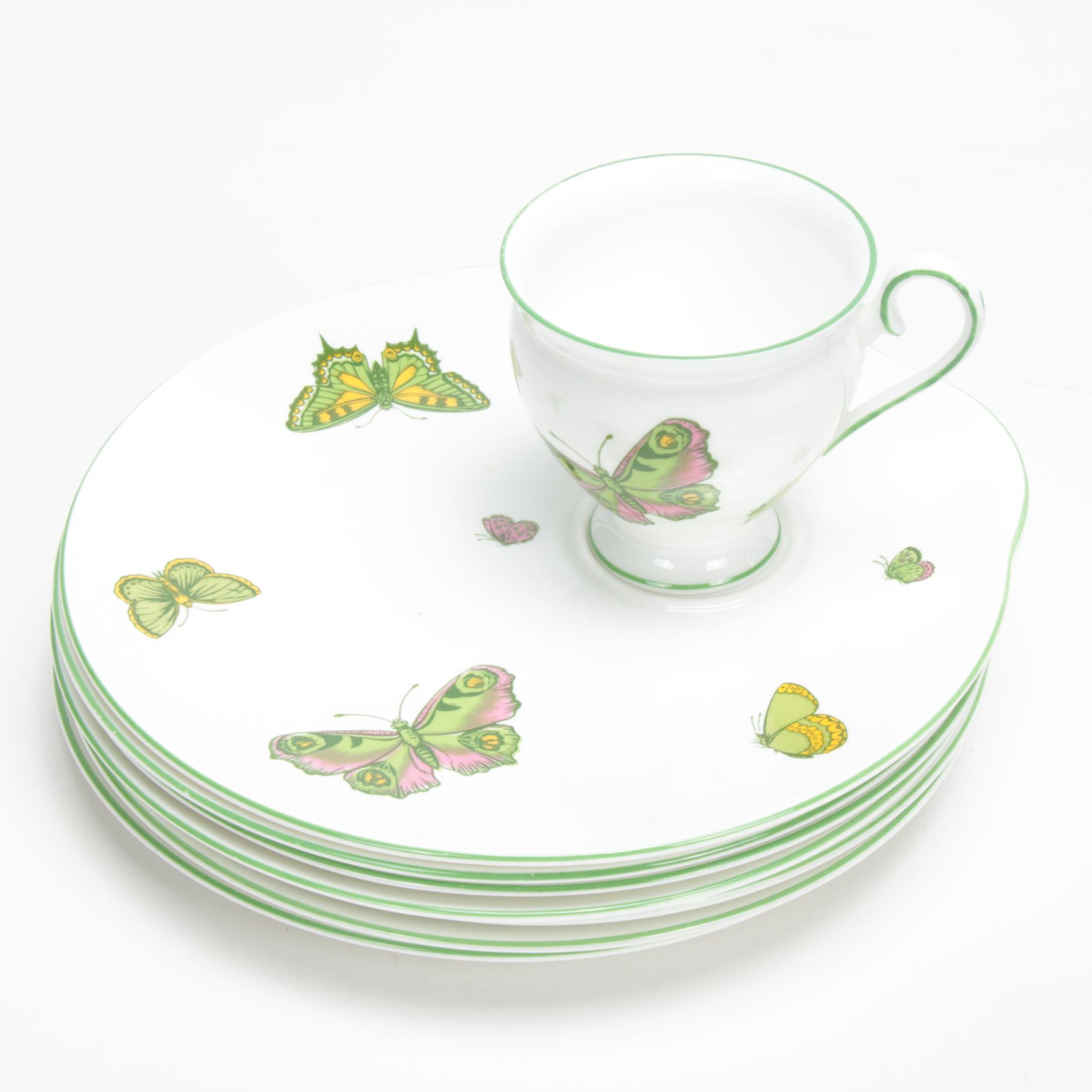 Crown Staffordshire "Butterfly" Fine Bone China Teacups and Dessert Plates