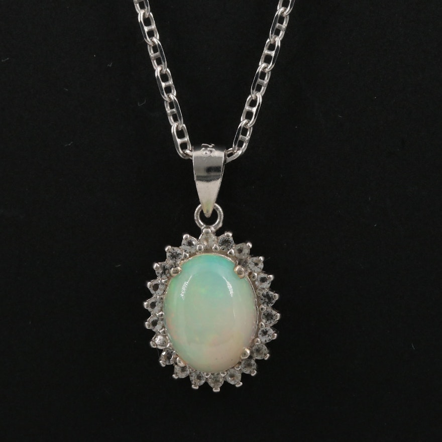Sterling Opal and White Topaz Pendant on Mariner Chain Necklace