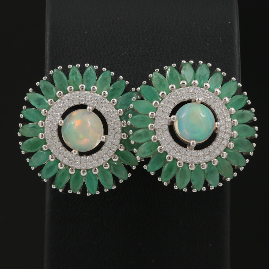 Sterling Opal, Emerald and Cubic Zirconia Button Earrings