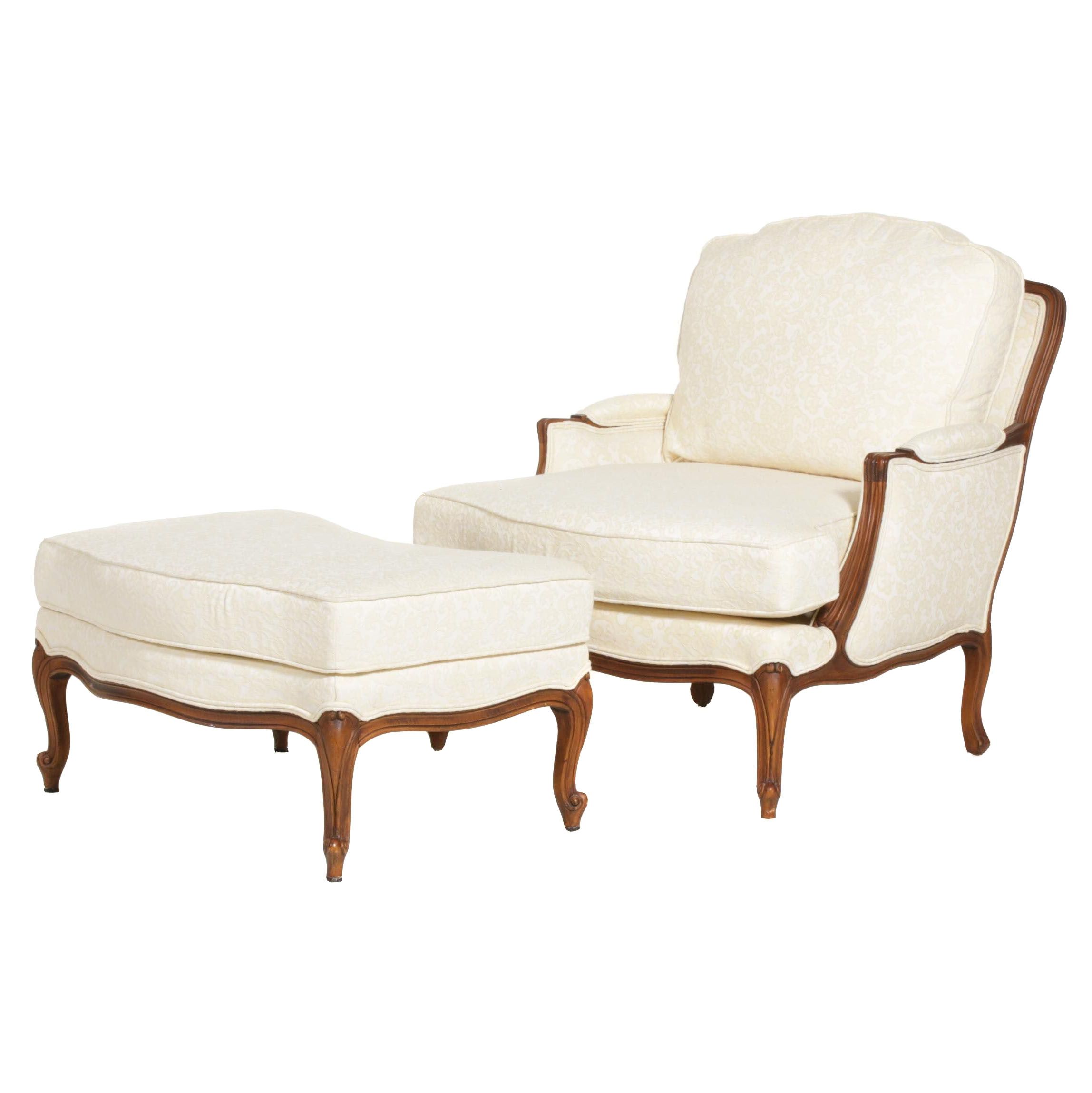 Ethan Allen Versailles Upholstered Armchair and Ottoman, Late 20th Century