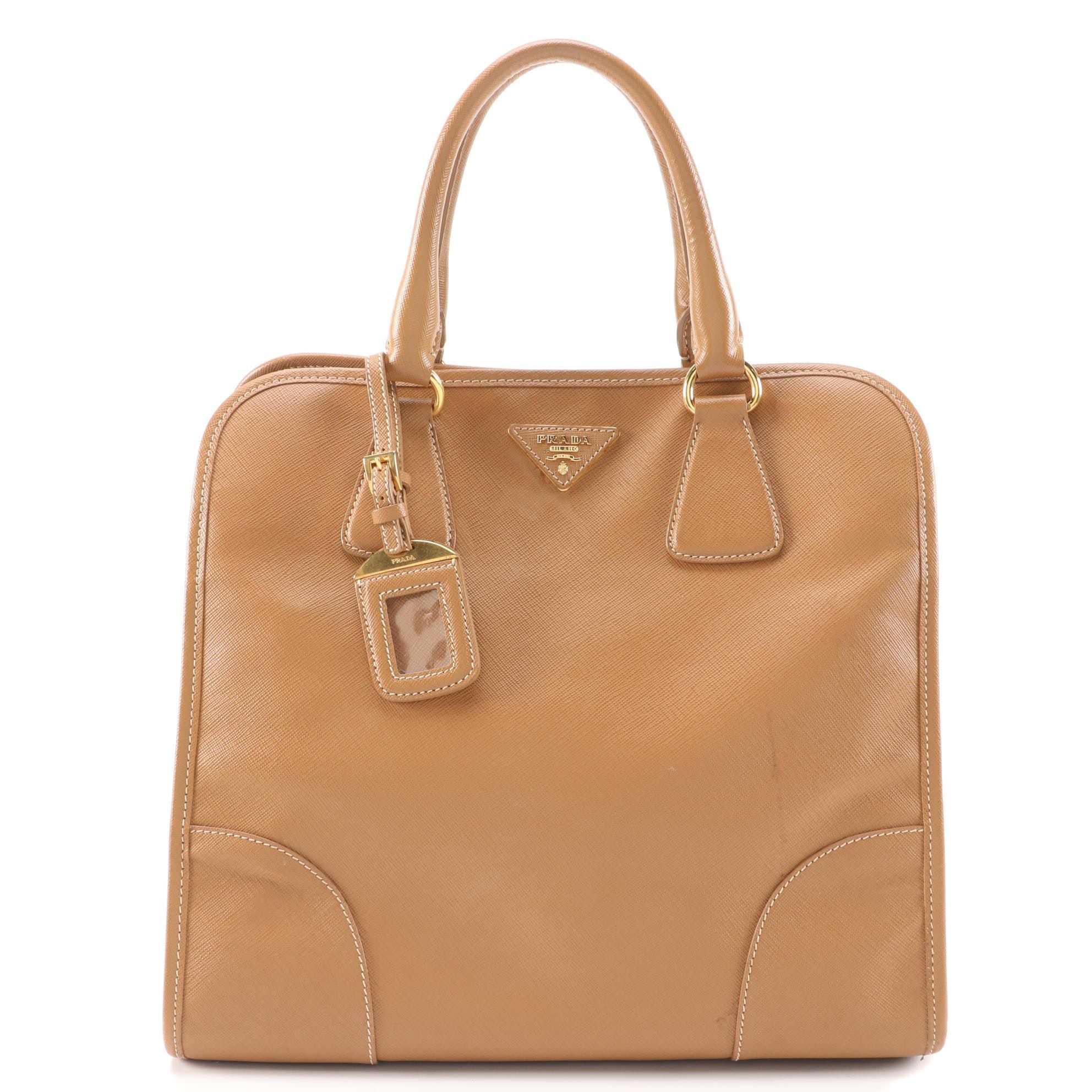Prada Saffiano Leather Handbag in Cinnamon with Contrast Stitching