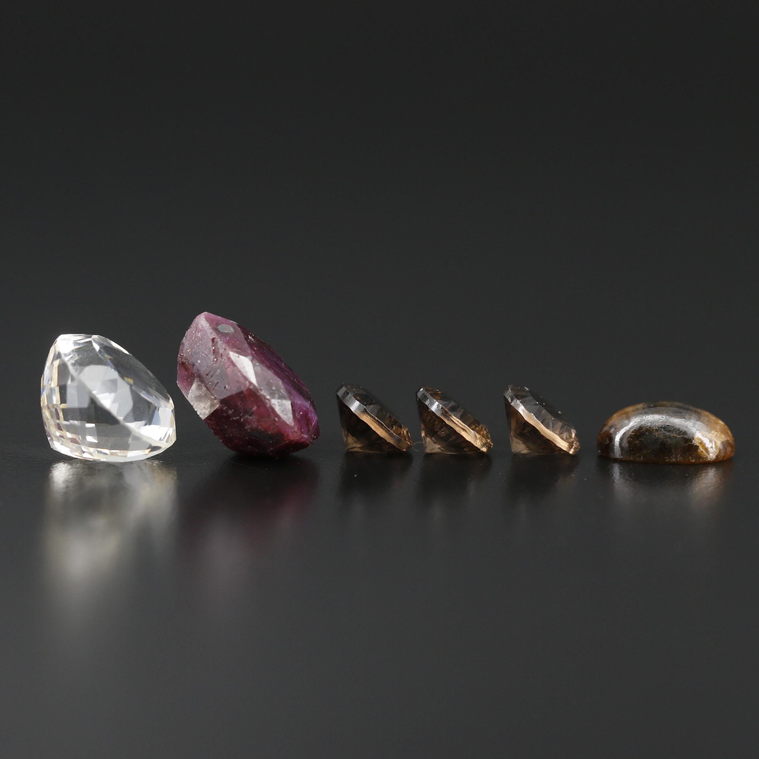 Loose Mixed Gemstones Including Ruby, Smoky Quartz and Tiger's Eye