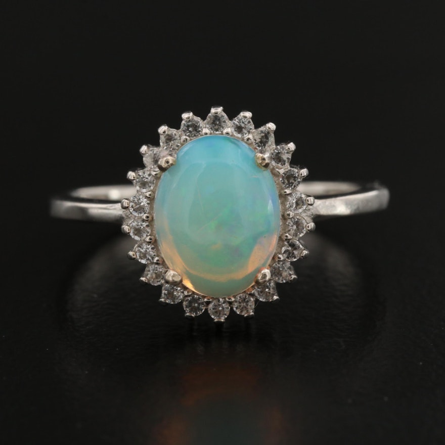 Sterling Opal and White Topaz Halo Ring