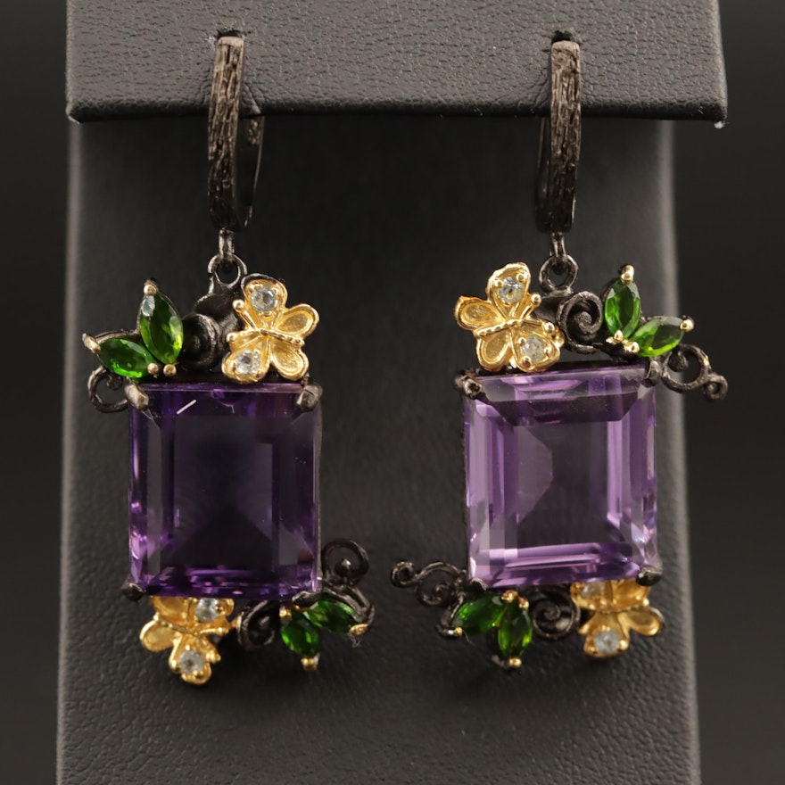 Sterling Amethyst, Diopside, and Topaz Drop Earrings with Butterfly Accents