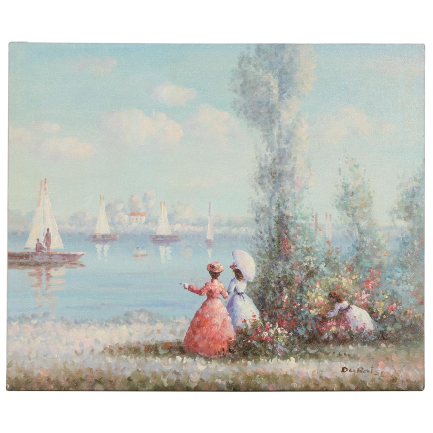 Impressionist Style European Lake Scene Oil Painting, Late 20th Century