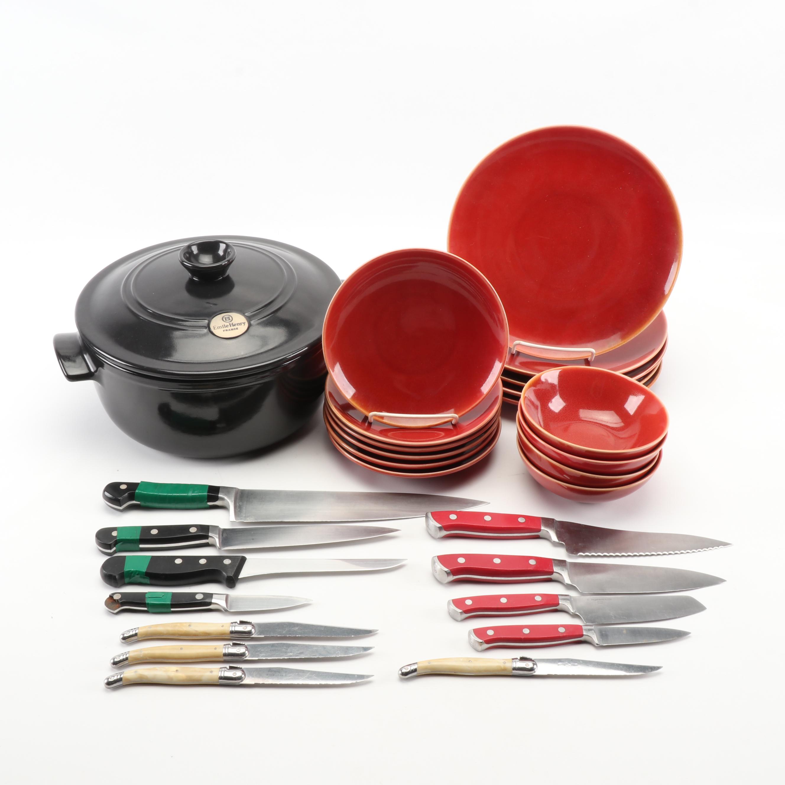 Emile Henry Dutch Oven with Wolfgang Puck Dinnerware and Assorted Cutlery