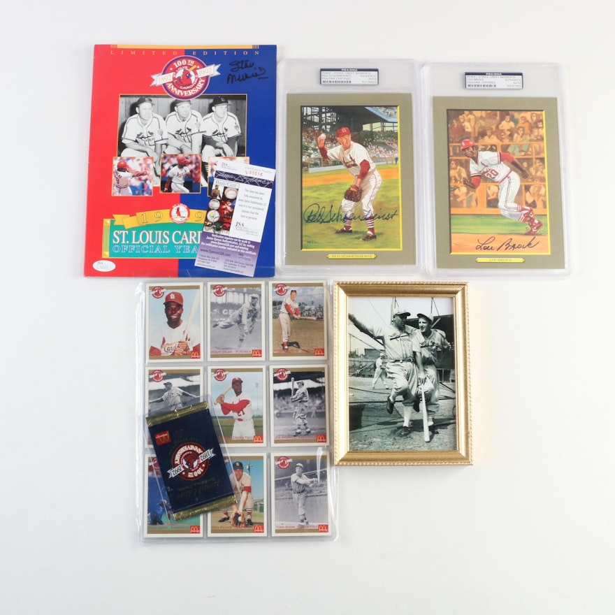 Brock, Schoendienst Signed Postcards, Musial Signed Yearbook, PSA/JSA and Cards