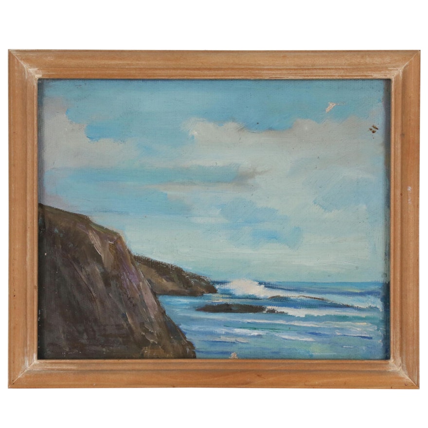 Rocky Coast Seascape Oil Painting, Early 20th Century