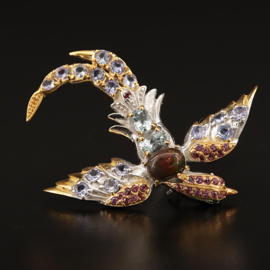 Sterling Silver Opal, Tanzanite and Garnet Soaring Bird Brooch