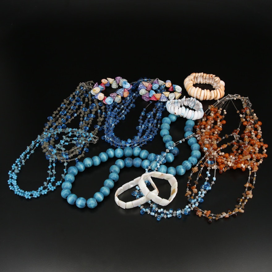 Collection of Beaded Necklaces and Bracelets Including Shell Bracelets