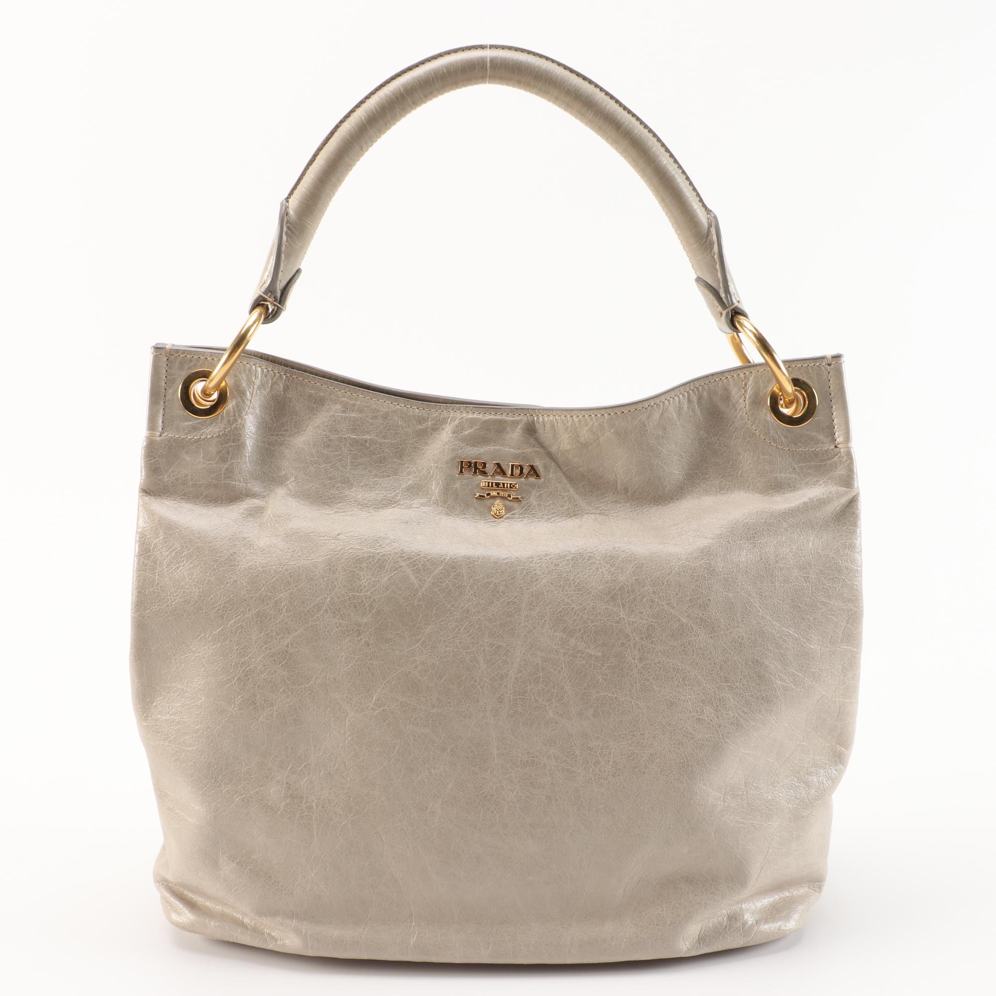Prada Taupe Gray Vitello Leather Shoulder Bag