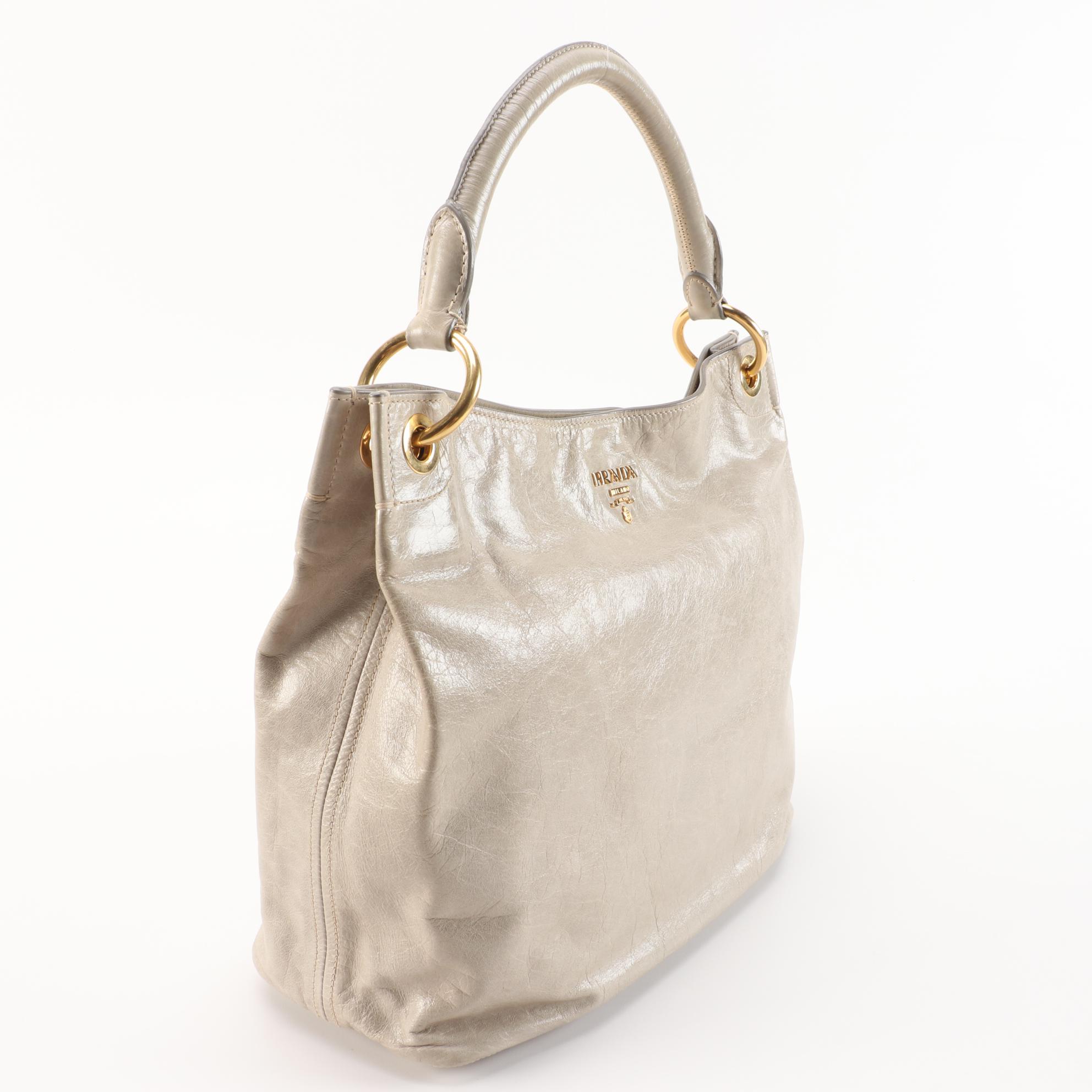 Prada Taupe Gray Vitello Leather Shoulder Bag