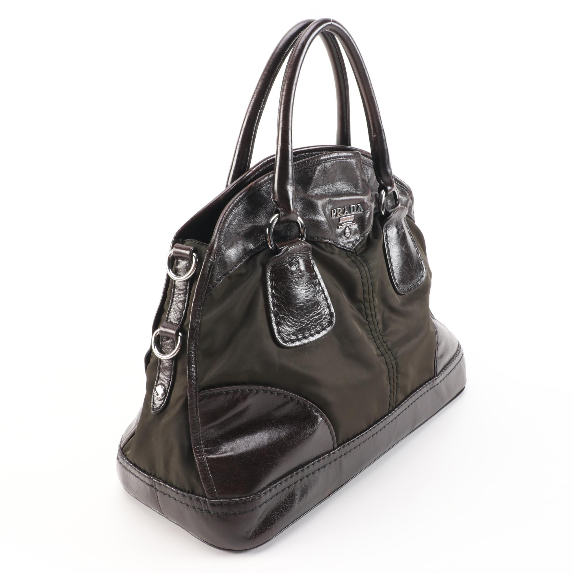 Prada Bauletto Dark Brown Leather and Nylon Bowler Bag