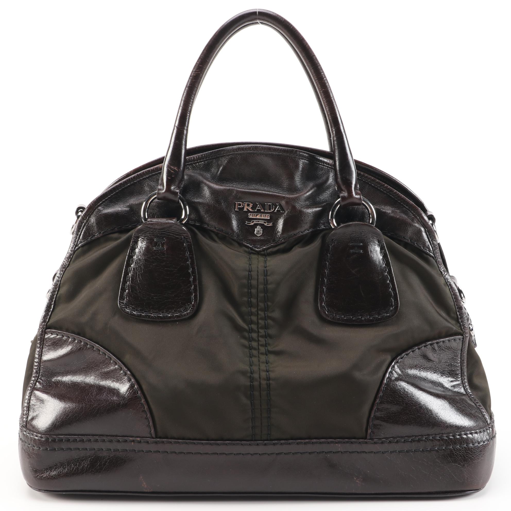 Prada Bauletto Dark Brown Leather and Nylon Bowler Bag
