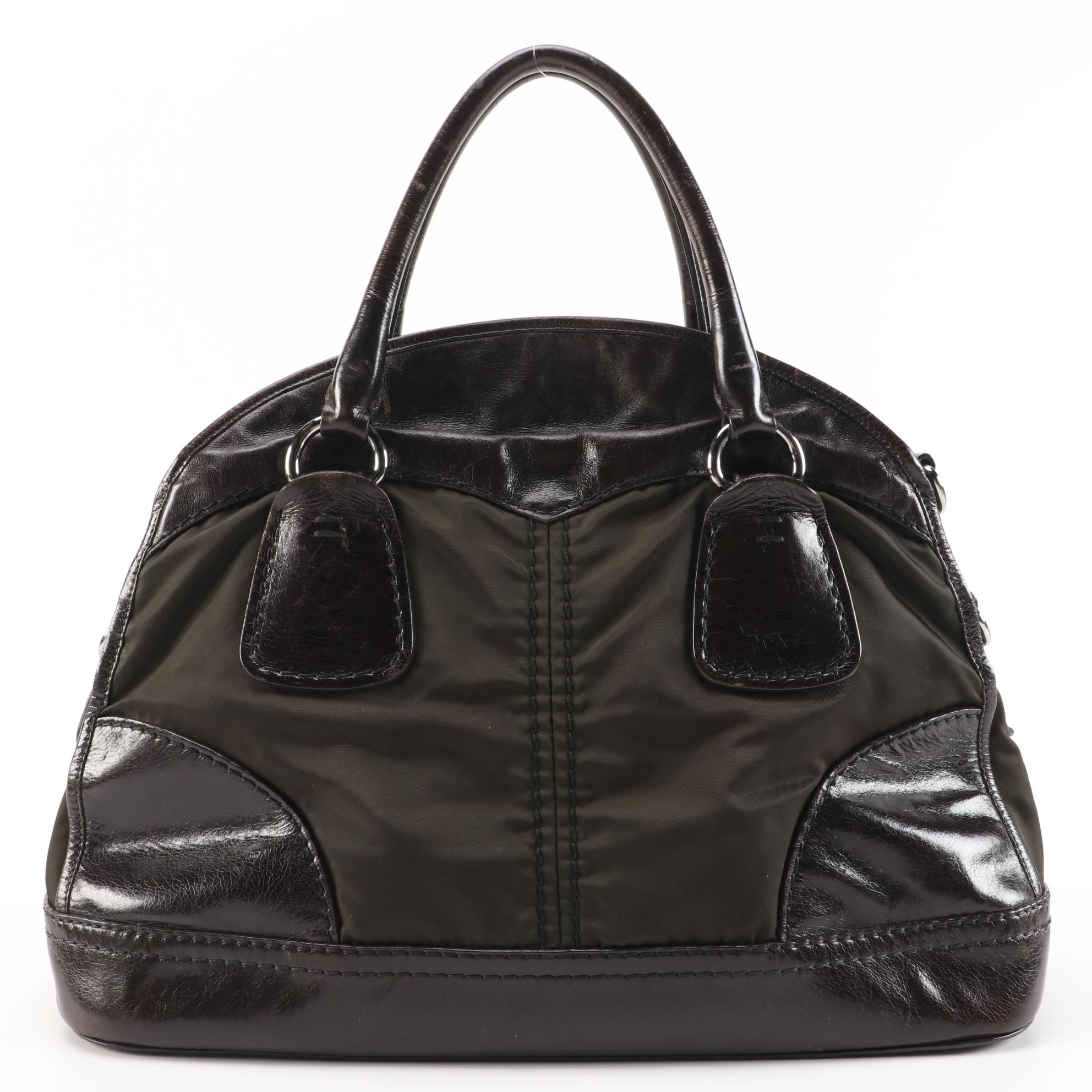 Prada Bauletto Dark Brown Leather and Nylon Bowler Bag