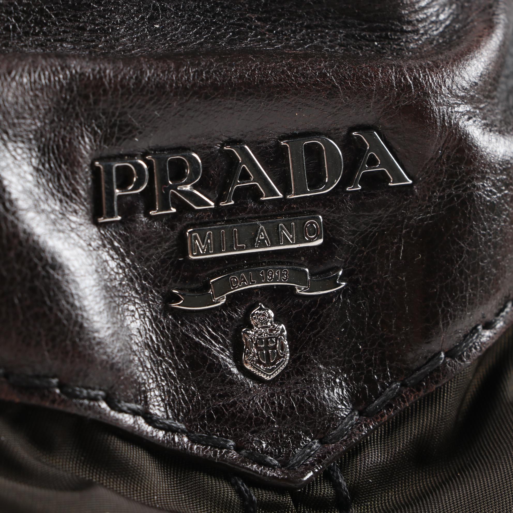 Prada Bauletto Dark Brown Leather and Nylon Bowler Bag