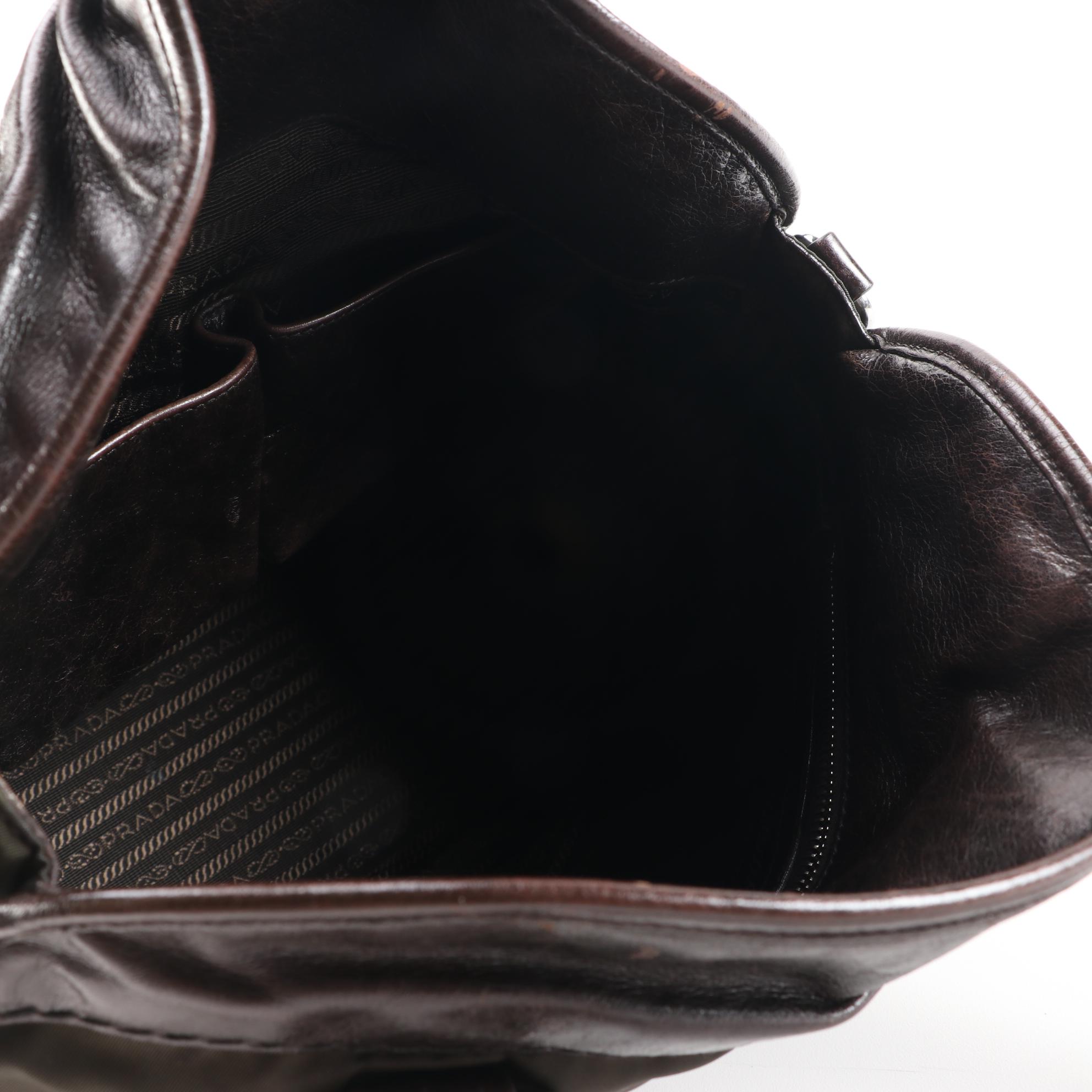 Prada Bauletto Dark Brown Leather and Nylon Bowler Bag