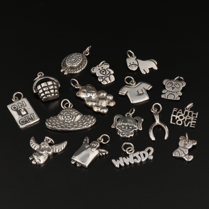 Collection of Sterling Silver Charms Including Teddy Bear and Wishbone Charms