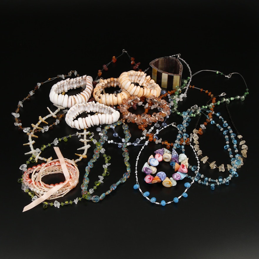 Collection of Necklaces and Bracelet Including Millefiori Glass Beaded Necklaces