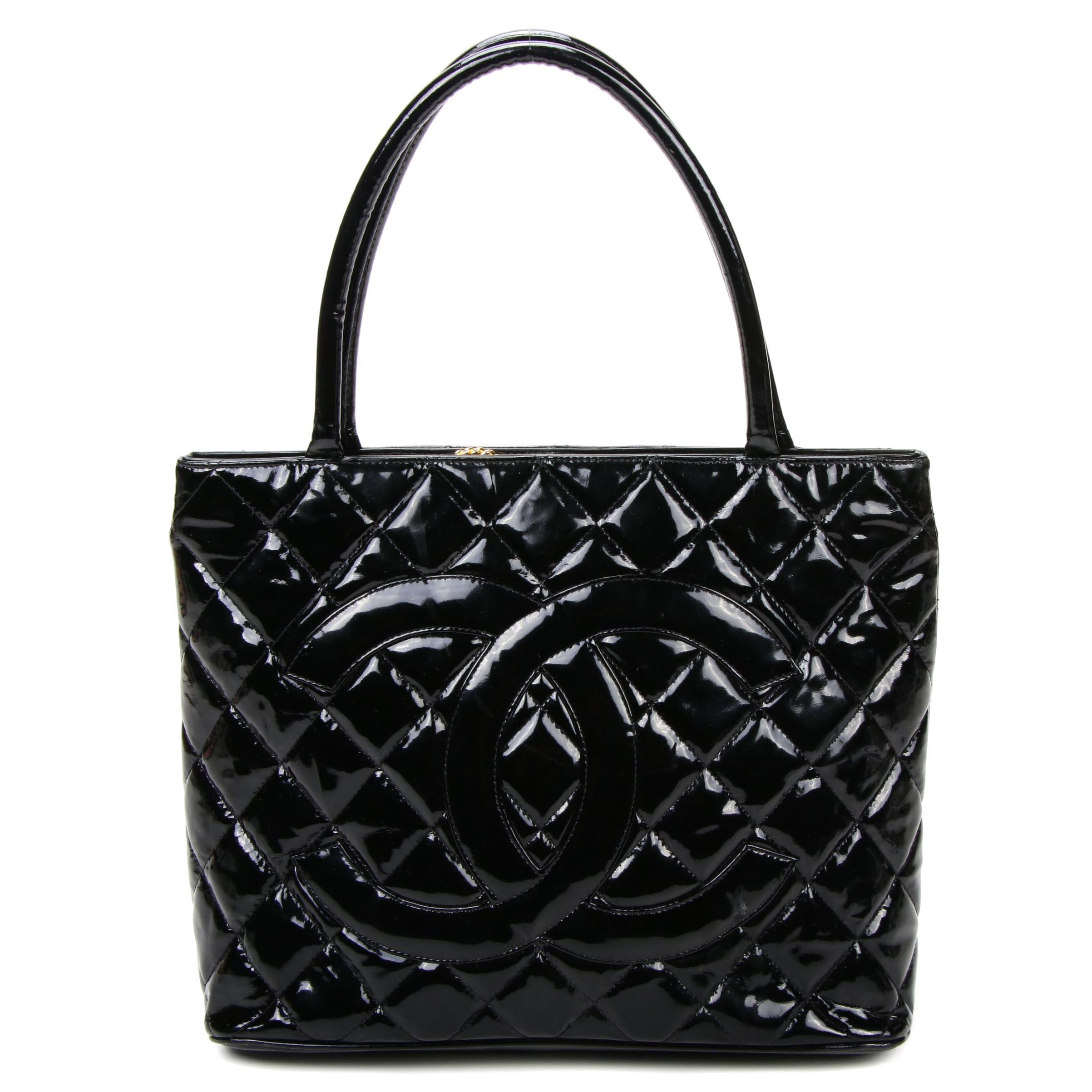 Chanel CC Medallion Tote Bag in Black Quilted Patent Leather