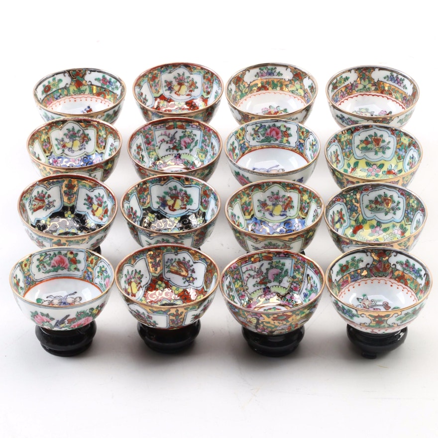 Chinese Miniature Porcelain Bowls on Wood Bases with Presentation Boxes