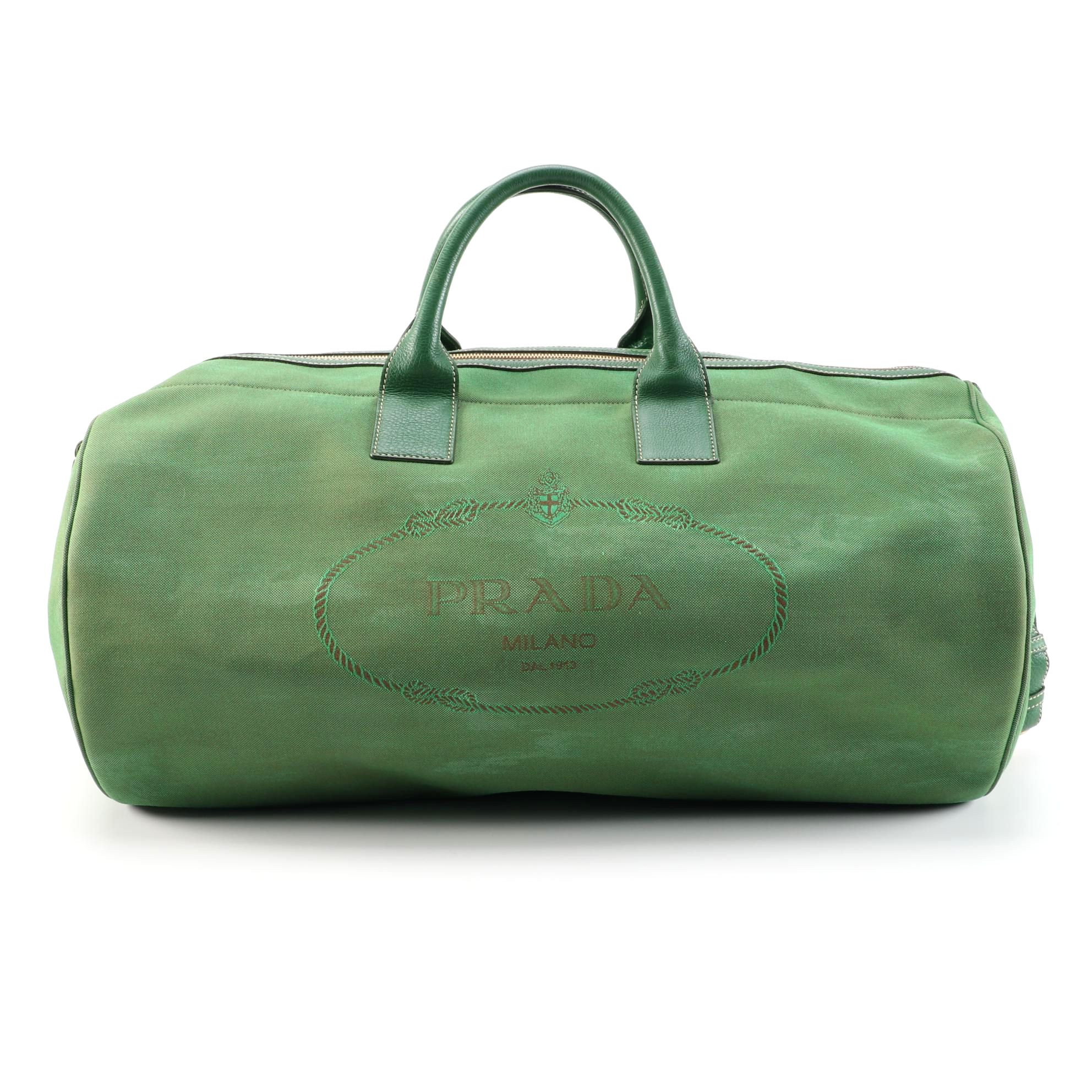 Prada Logo Duffel in Green Canapa Canvas and Grained Leather