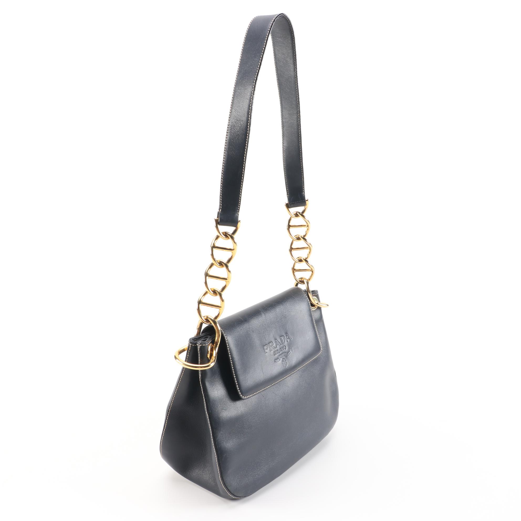 Prada Dark Navy Leather Shoulder Bag with Contrast Stitching