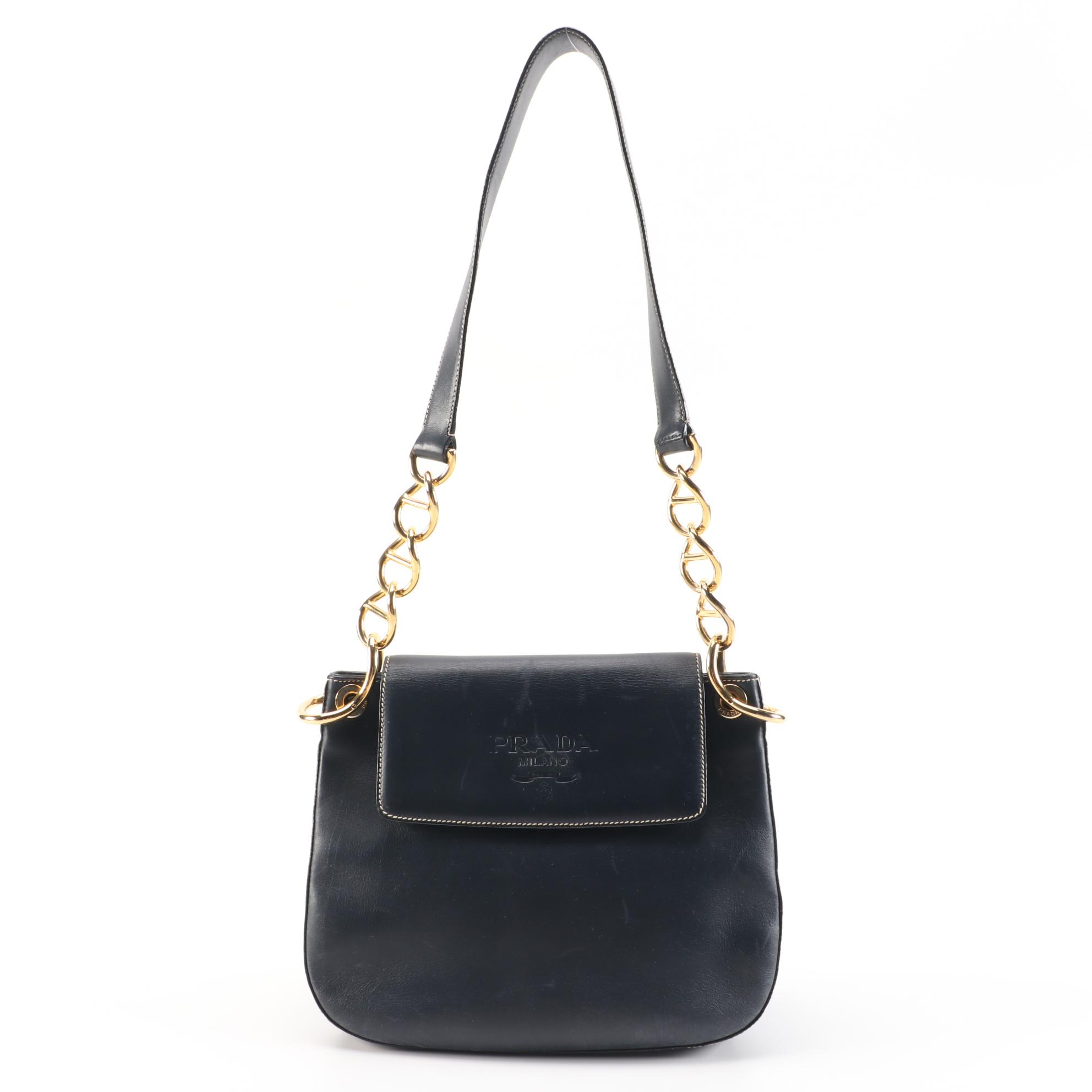 Prada Dark Navy Leather Shoulder Bag with Contrast Stitching