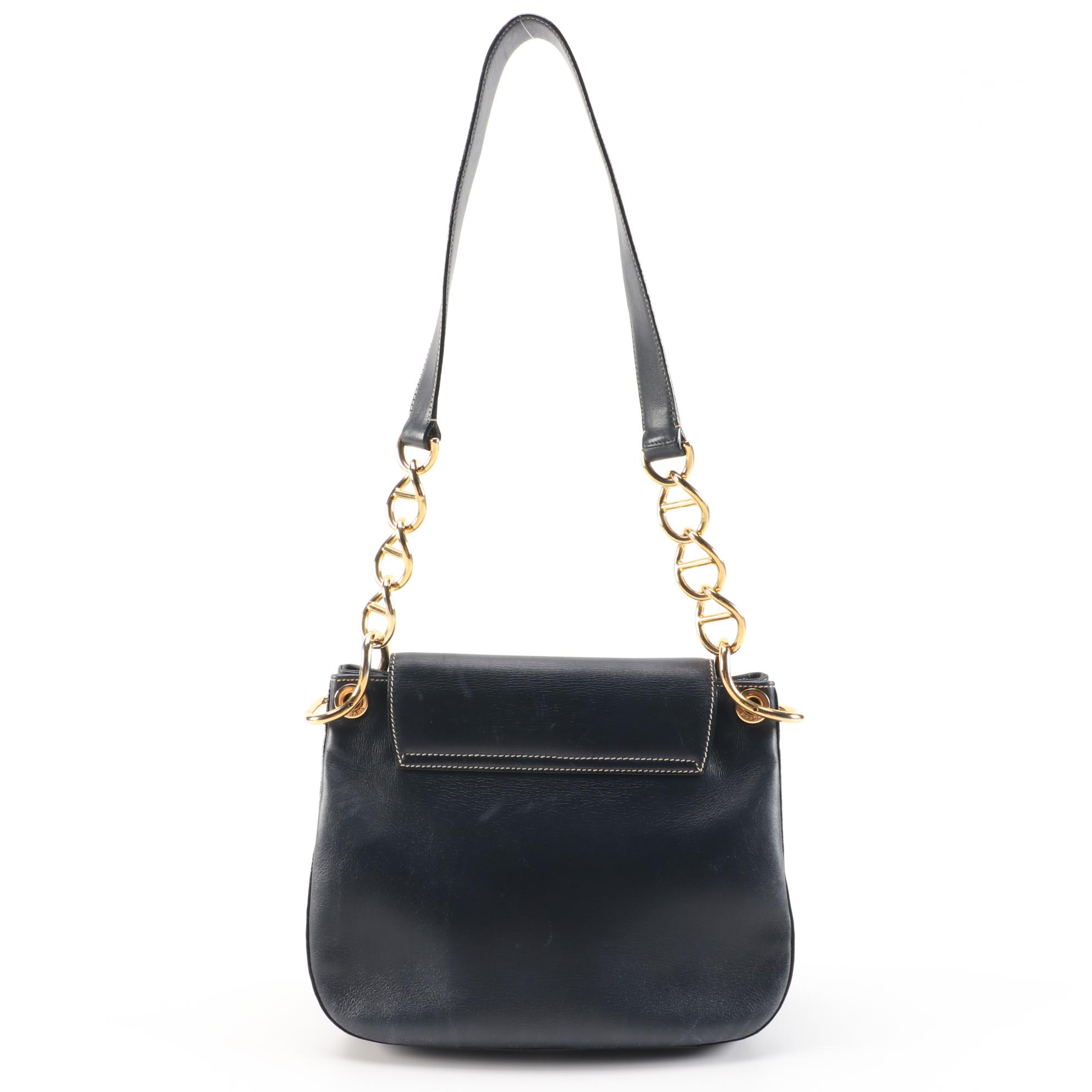 Prada Dark Navy Leather Shoulder Bag with Contrast Stitching