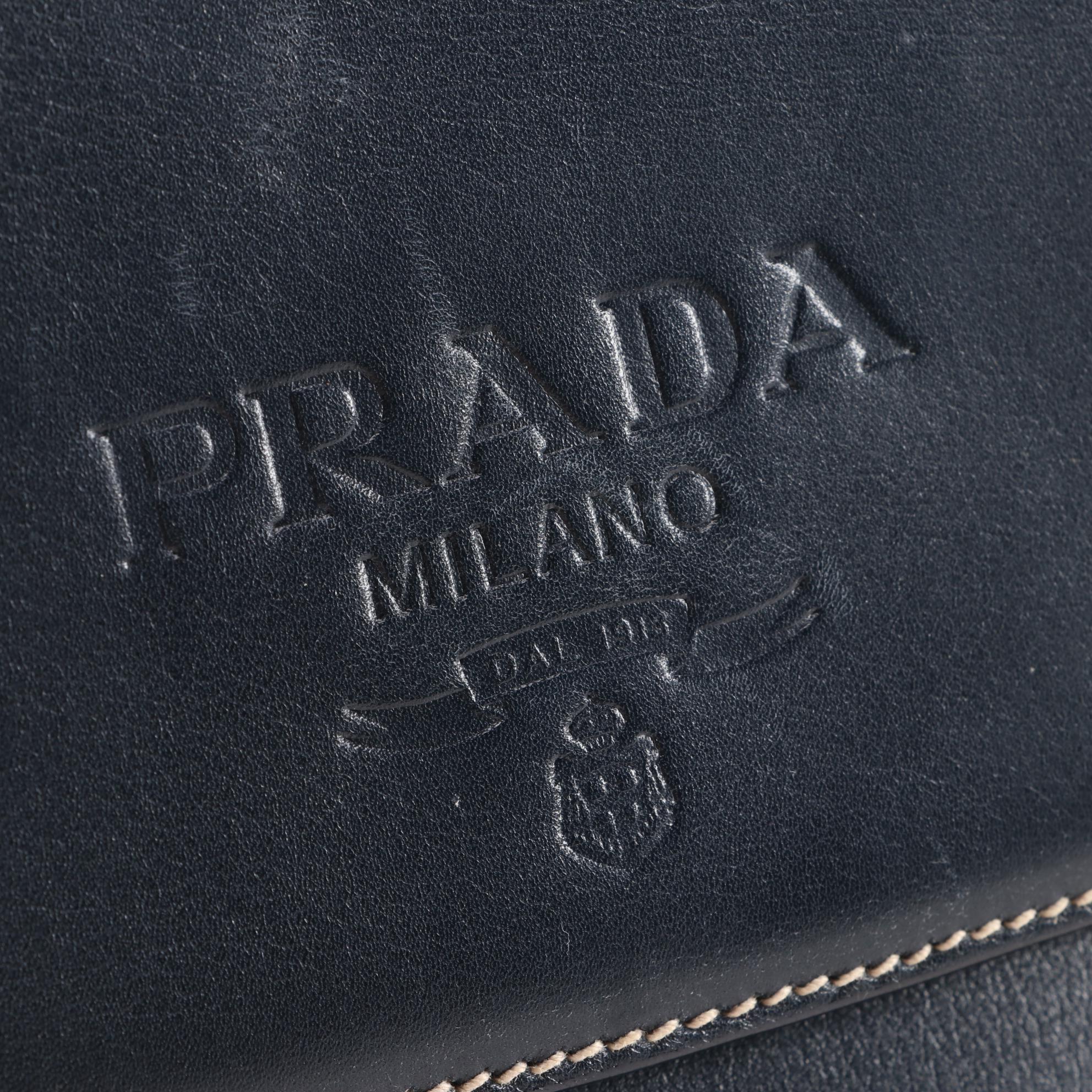 Prada Dark Navy Leather Shoulder Bag with Contrast Stitching