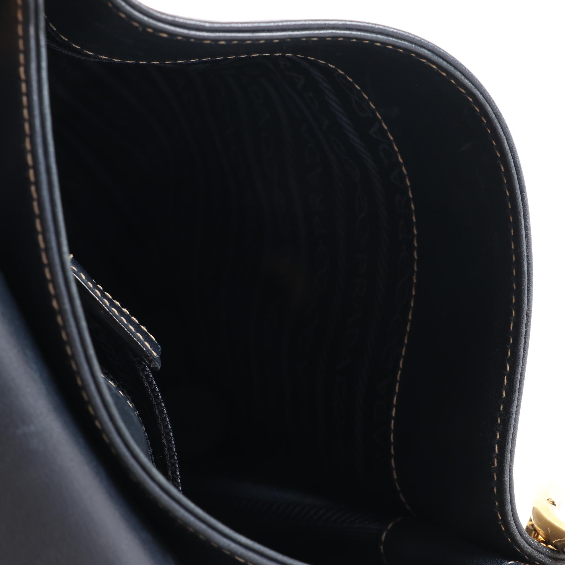 Prada Dark Navy Leather Shoulder Bag with Contrast Stitching