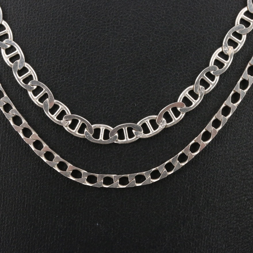 Sterling Silver Chain Necklace Featuring Mariner and Flat Curb Link Styles