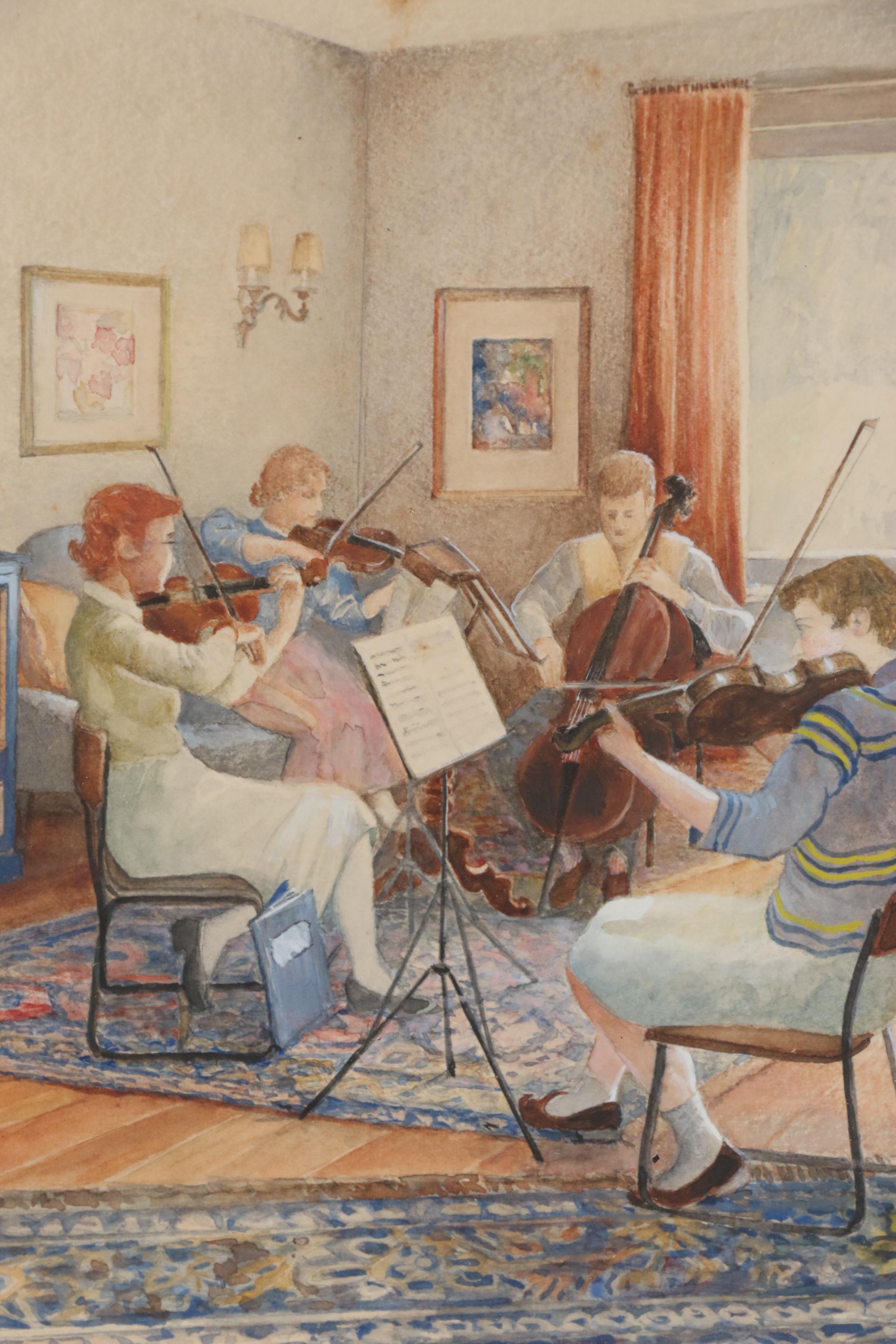 Watercolor Painting of String Quartet in Living Room