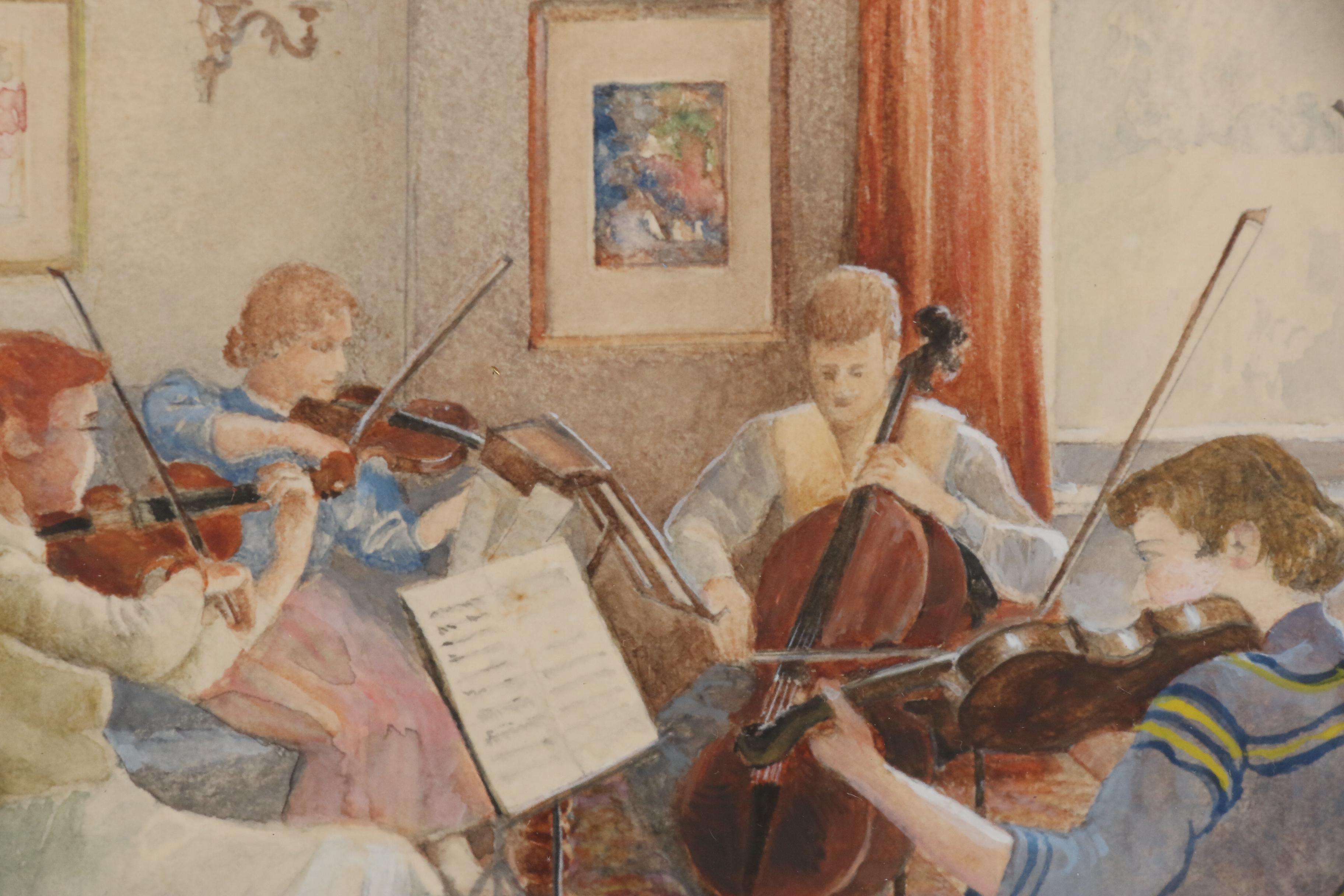 Watercolor Painting of String Quartet in Living Room