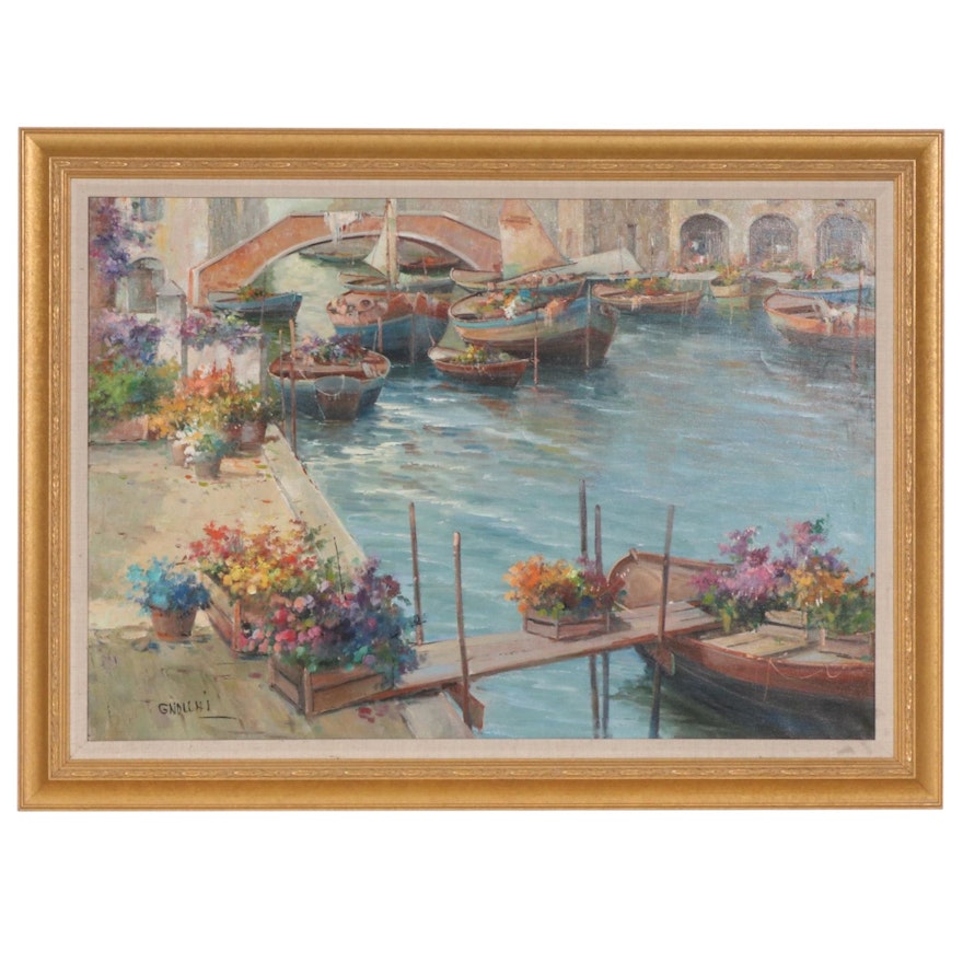 Guido Gnocchi Oil Painting of Venice Canal Flower Market Boats, 20th Century