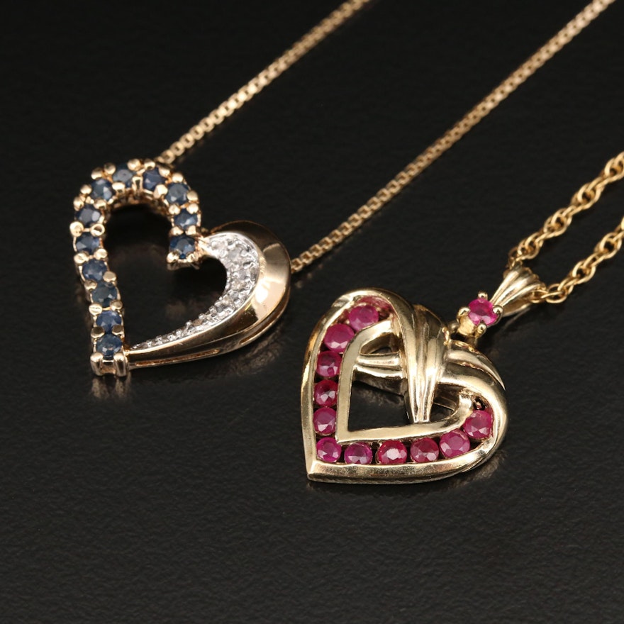 Sterling Silver Heart Pendant Necklaces with Ruby, Sapphire and Diamond