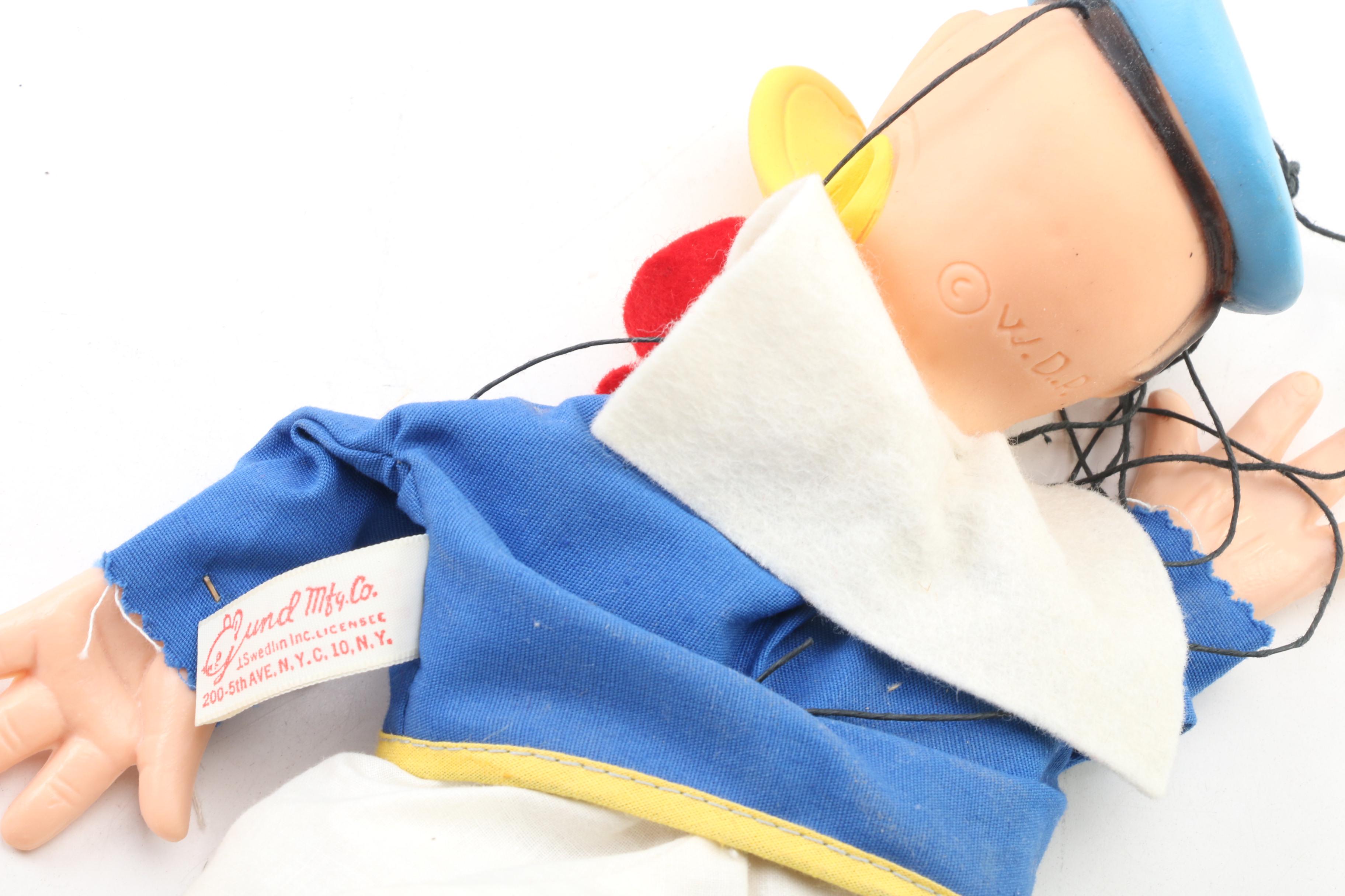 Gund Walt Disney Donald Duck Marionette, Rubber Figure, and Pluto Dog Windup