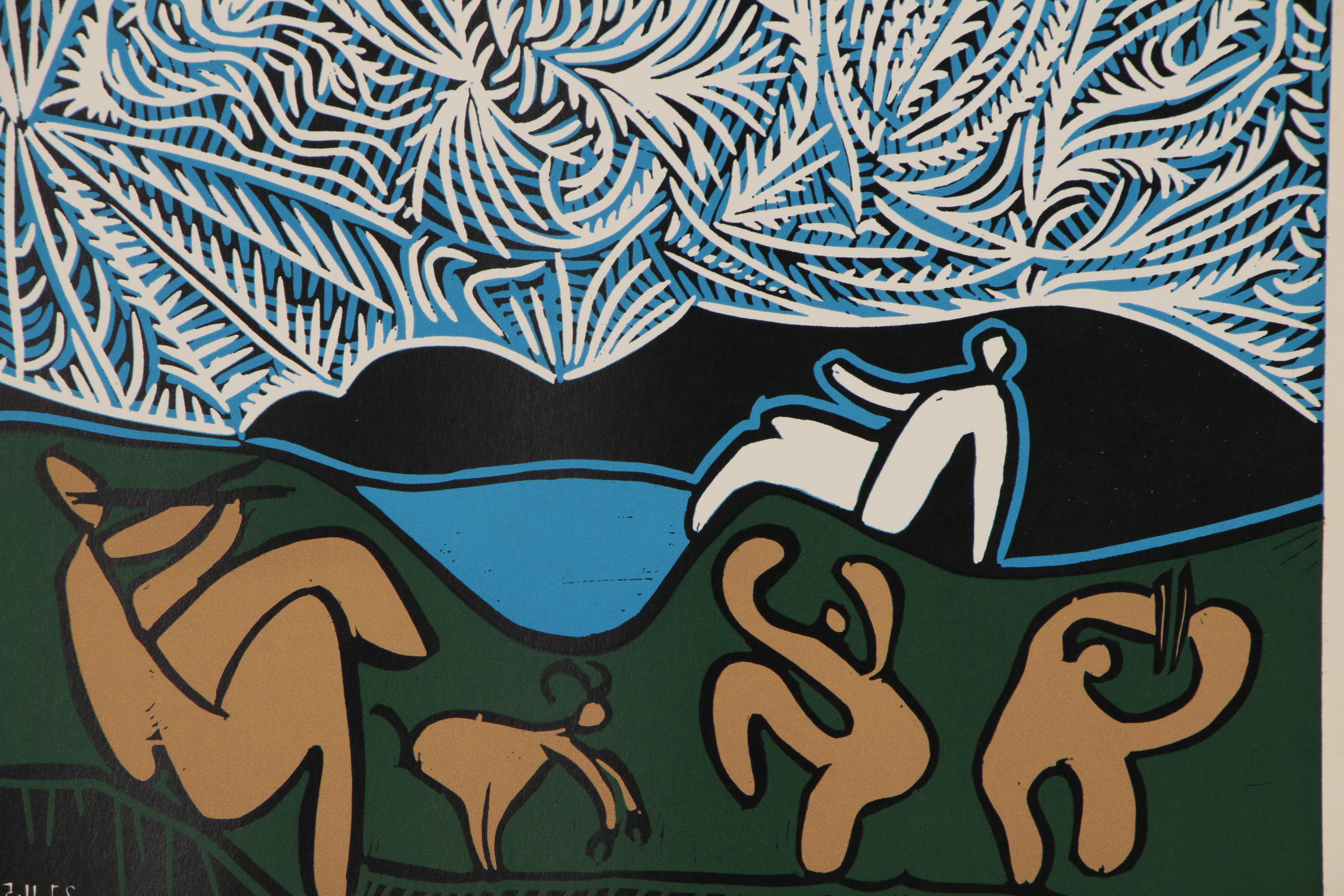 Pablo Picasso Color Linoleum Cut "Bacchanal with Goat", 1962