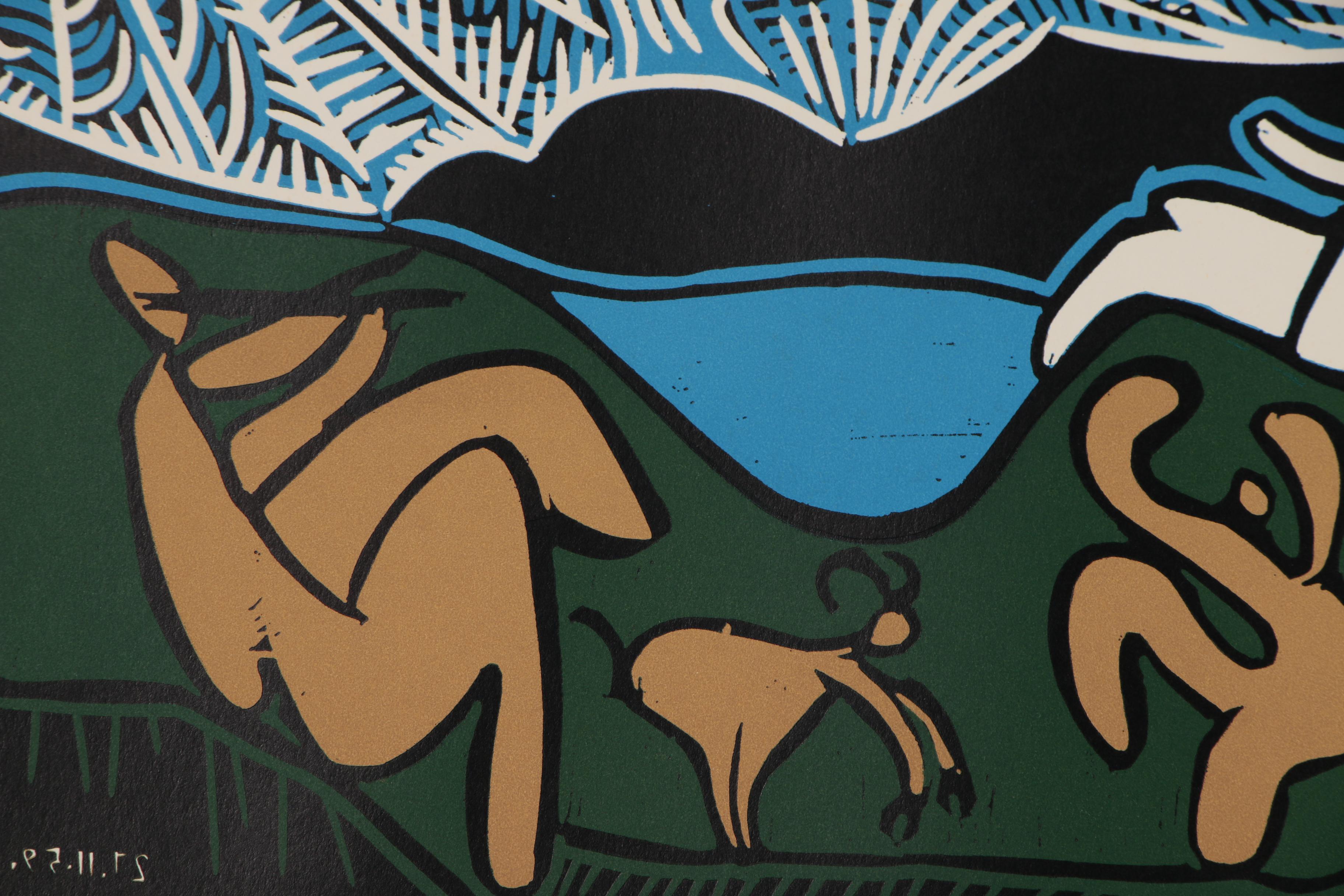 Pablo Picasso Color Linoleum Cut "Bacchanal with Goat", 1962