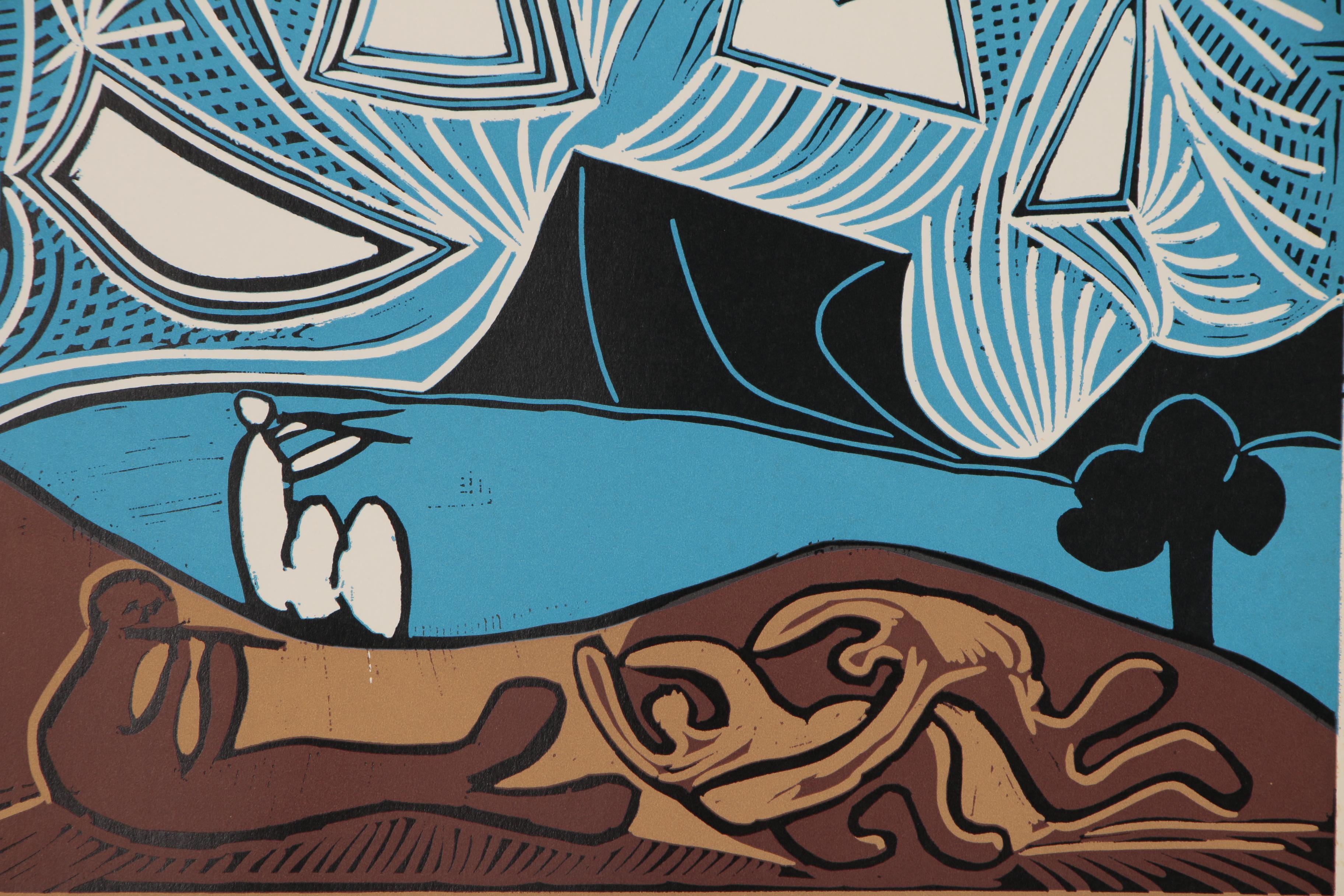 Pablo Picasso Color Linoleum Cut "Bacchanal with Pair of Lovers", 1962