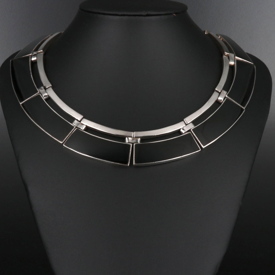 Alicia Plata Taxco 950 Silver and Onyx Collar Necklace
