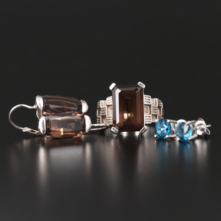 Sterling Smoky Quartz Drop Earrings and Ring with Topaz Studs