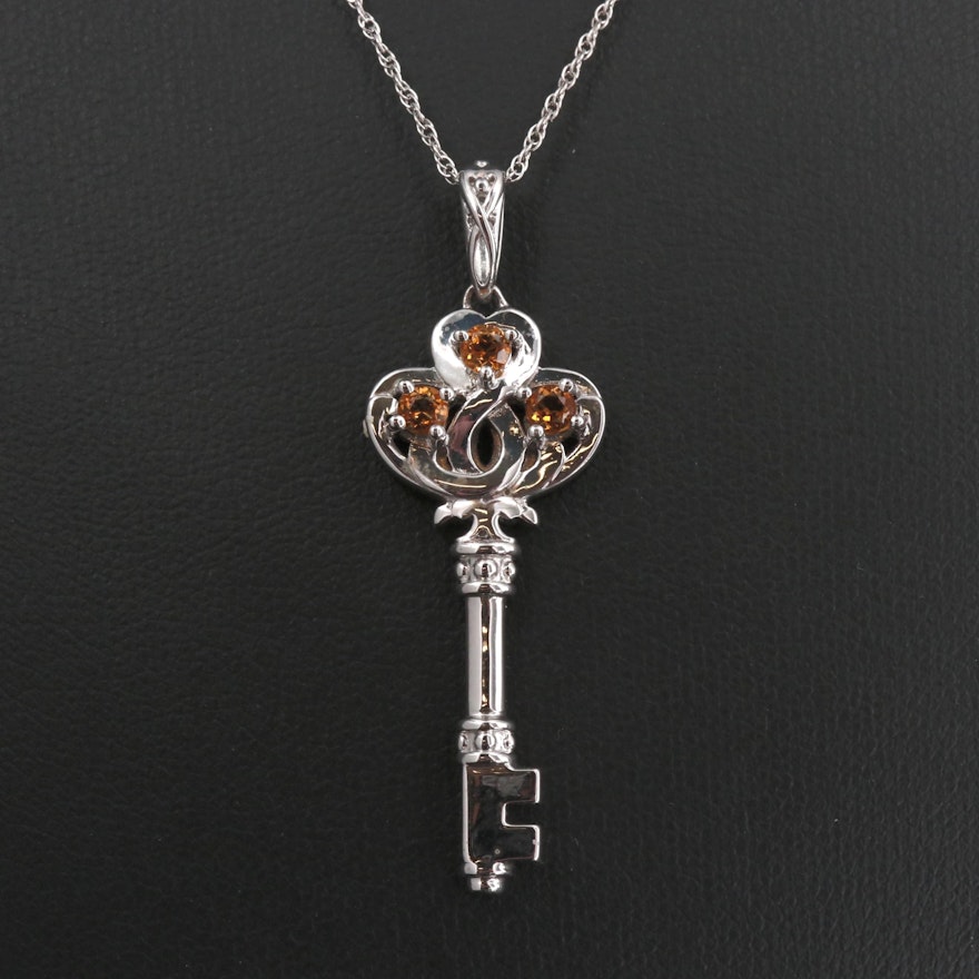 Sterling Silver Citrine Key Necklace