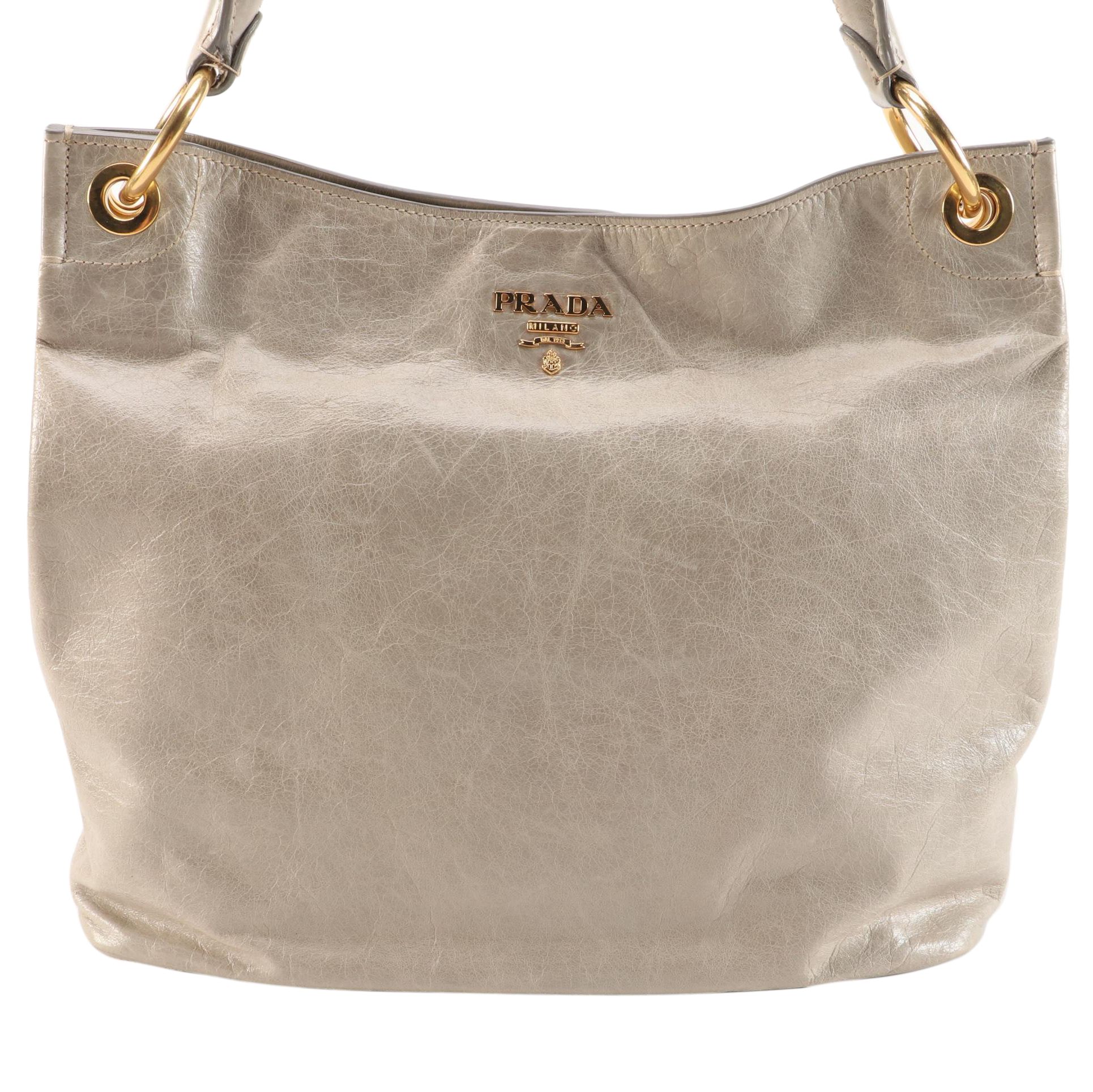 Prada Taupe Gray Vitello Leather Shoulder Bag