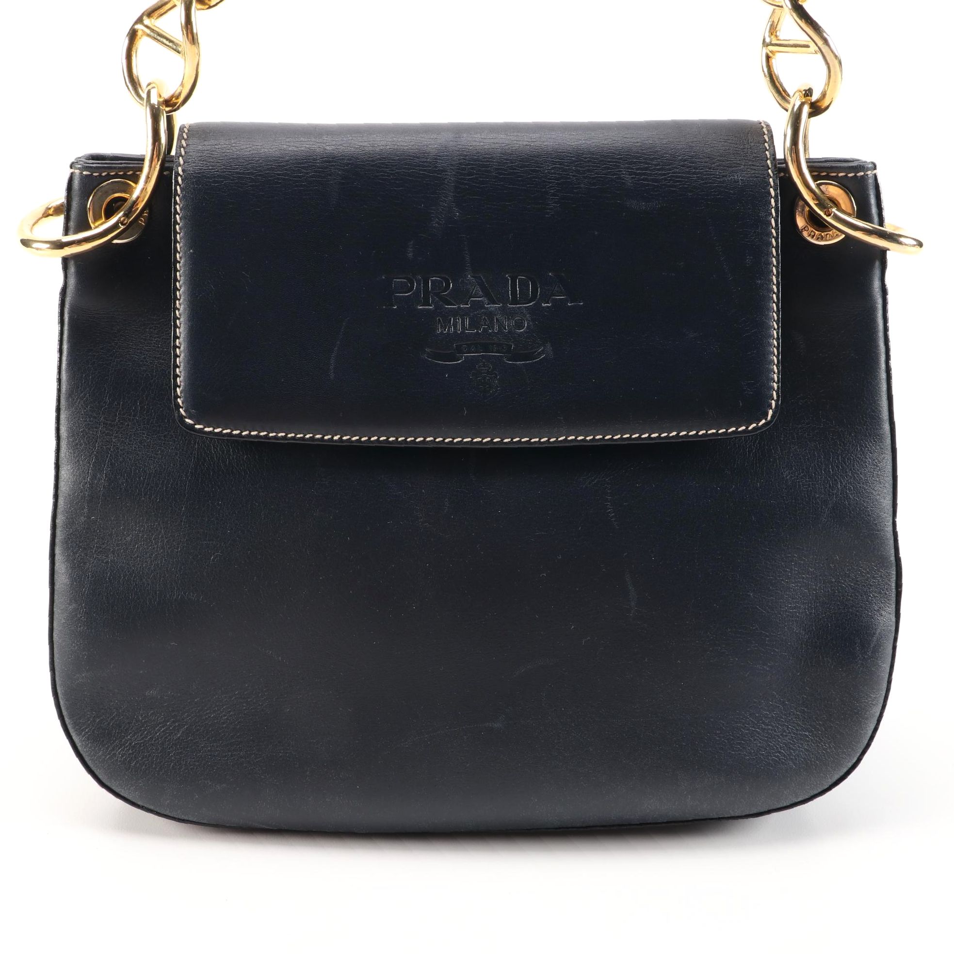Prada Dark Navy Leather Shoulder Bag with Contrast Stitching