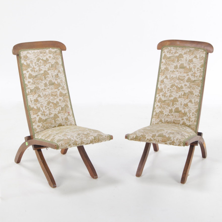 Pair of Upholstered High-Back Steamer Deck Chairs, Early 20th Century