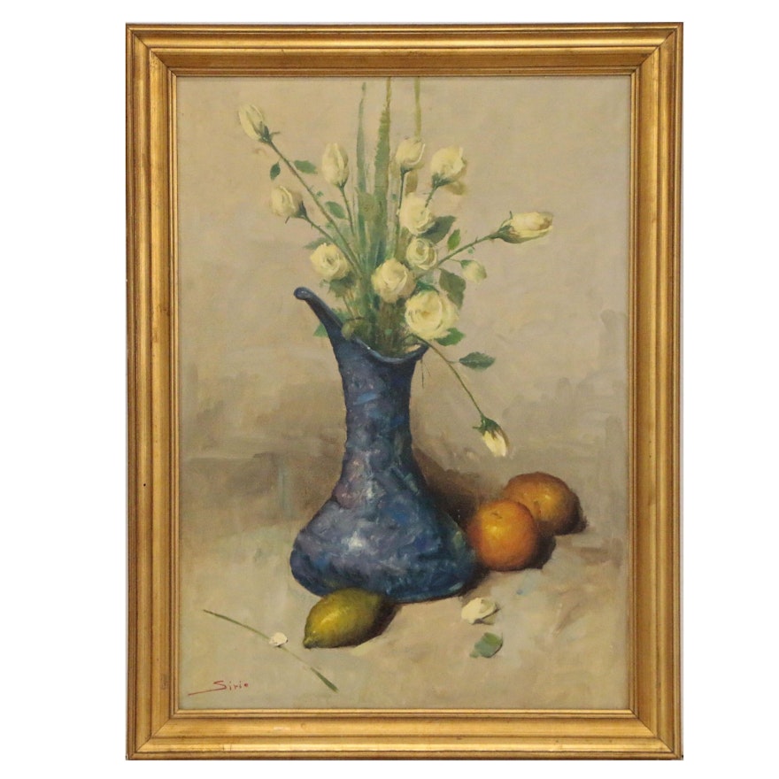 Sirio Oil Painting of Roses in Blue Vase with Fruit, 20th Century