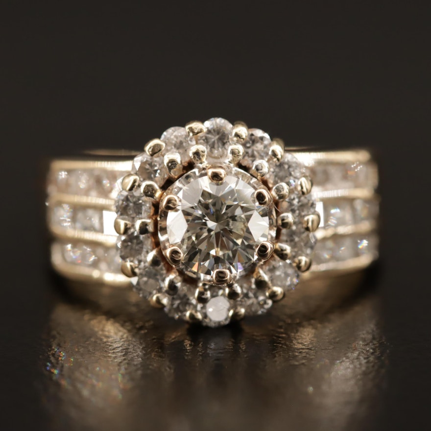 14K 1.37 CTW Diamond Ring with Halo and Channel Shoulders